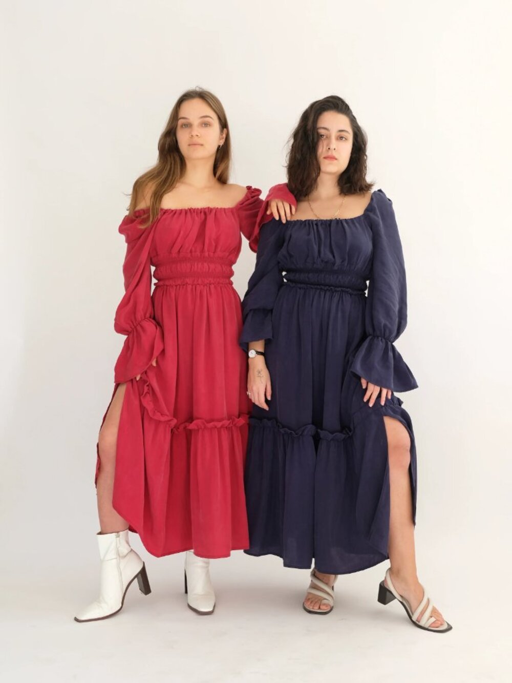 OhSevenDays Red Willa Anthro Flowy Long Sleeve Tiered ruched Midi Peasant Dress